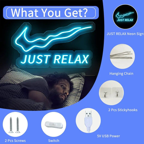 Just Relax LED Neon Light Sign For Wall Decor USB Powered With Switch Bright Neon Lights For Party Vibe Office Yoga Room Bar Game Room And Home Lounge, showing contents and accessories including hanging chain, screws, switch, and USB power.