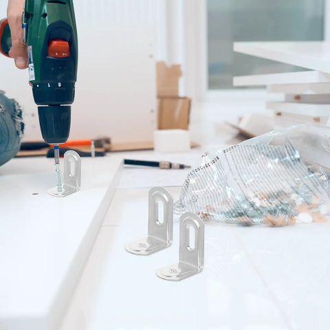 Person installing Stainless Steel Cabinet Shelf Brackets 10 Pack 90 Degree L Corner Supports with Rounded Edges for shelving DIY.