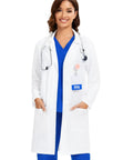Three Pocket Women's Lab Coat With Long Sleeves White Medical Coat Relaxed Fit Size M worn by a nurse with blue scrubs and stethoscope