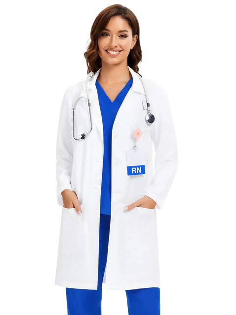 Three Pocket Women's Lab Coat With Long Sleeves White Medical Coat Relaxed Fit Size M worn by a nurse with blue scrubs and stethoscope