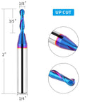 Carbide ball-nose CNC end mill with 1/4 in shank and 1/8 in cutting diameter, blue nano coating for wood carving