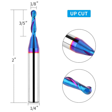 Carbide ball-nose CNC end mill with 1/4 in shank and 1/8 in cutting diameter, blue nano coating for wood carving