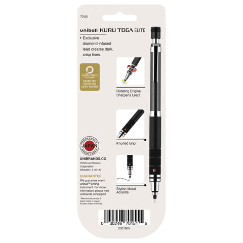 Back packaging of Kuru Toga Elite Mechanical Pencil Starter Kit 0.5mm HB Lead Diamond Infused For Crisp Lines Gun Metal Barrel