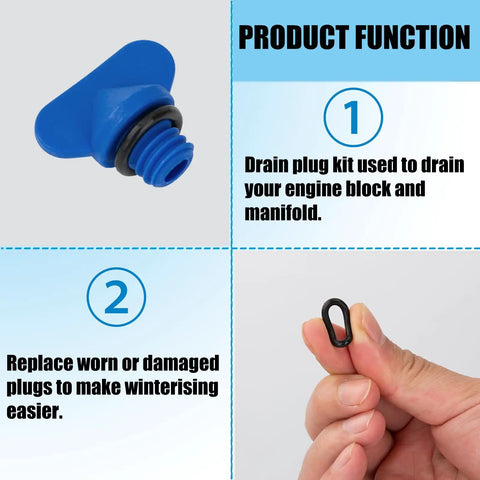 Engine Water Drain Plug Kit For Mercruiser 22806608A02 Replacement Sierra 18 4226 GLM 13992 Direct Fit No Fuss Install For Mercury Marine Boats Pack Of 5 With Durable Metal Construction, showing blue plug with O-ring and hand holding O-ring