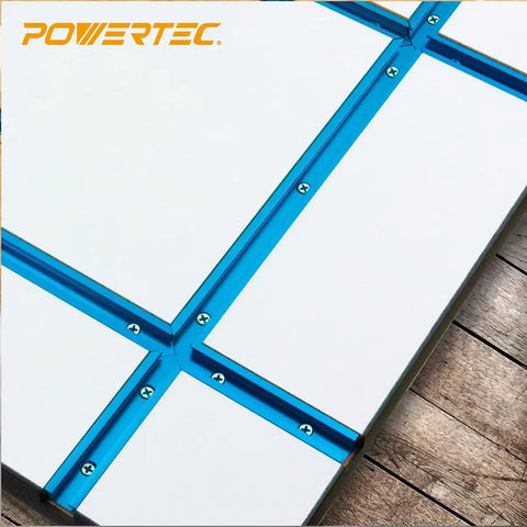 Double-Cut Universal T-Track And Intersection Kit on wooden surface, showing 48-Inch aluminum T-tracks with 3-inch intersections.