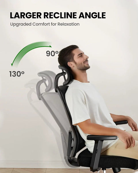 Man reclining on ergonomic office chair with lumbar support and 2D headrest adjustable armrests contoured seat cushion swivel desk chair