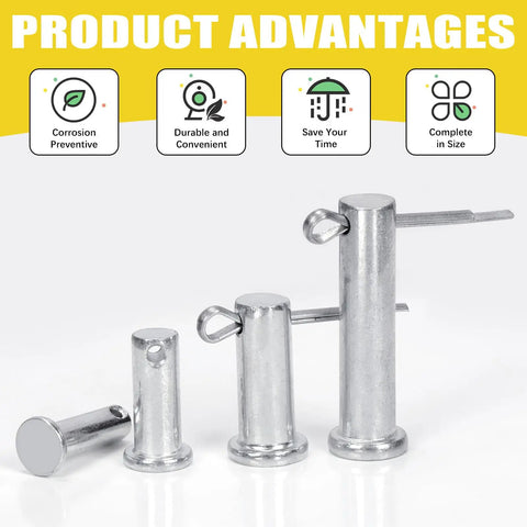 Clevis Pin Kit 51 Single Hole Flat Head Clevis Pins In 18 Sizes Plus 51 Random Size Split Cotter Pins Three Sixteenths Inch To One Half Inch Zinc Plated Carbon Steel Easy Storage In Plastic Organizer Box Great For Garage Use Total 102 Pieces with product advantages shown.