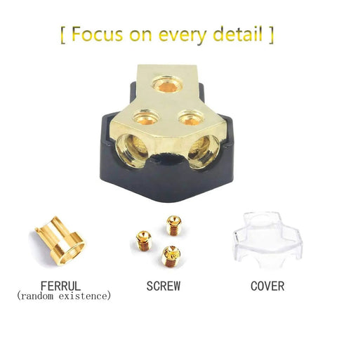 Two Way Car Audio Power Distribution Block With 0 2 4 AWG In And 4 8 10 AWG Out Copper High Performance Block With High Temp Plastic Cover Beefy Amp Splitter For Automotive RV ATV Boat And Marine Audio Systems with ferrule, screws, and cover