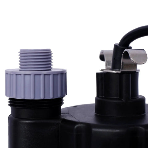 Close-up of Heavy Duty Submersible Sump Pump 1/3HP 2500GPH showing hose connection and power outlet setup.