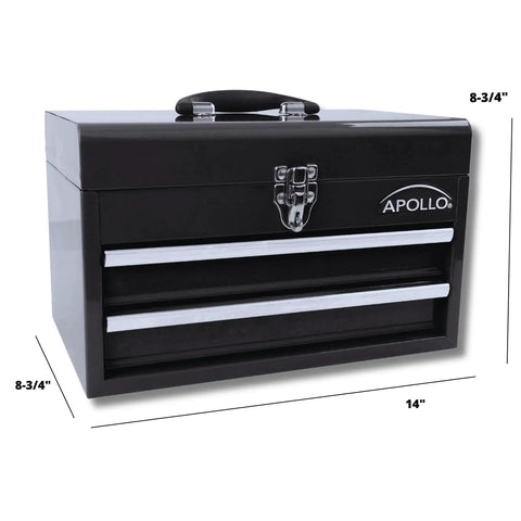14 Inch Steel Tool Box With Deep Top Compartment And Two Drawers Heavy Duty Steel Construction With Ball Bearing Opening Powder Coated Black Finish