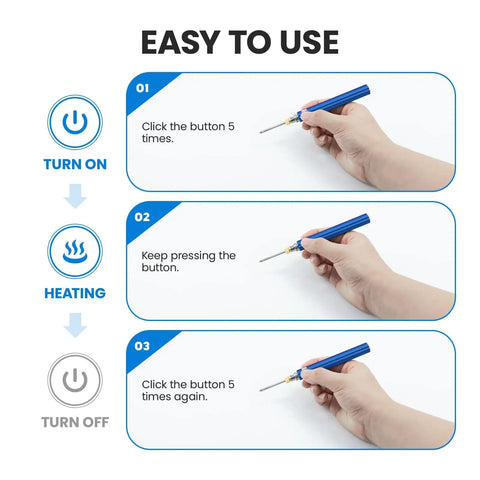 Steps to use Cordless Soldering Kit With USB Rechargeable Battery, hand holding wireless soldering gun pen showing operation
