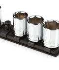 Thirteen Inch Socket Rail For Three Eighths Inch Drive Twist To Lock Sockets Lock Into Tray With Keyhole Slot And Release Button Heavy Duty Clip Organizer Grab And Go Ready For Loose Or Secured Sockets In The Workshop Or Garage, black ABS rail with chrome sockets