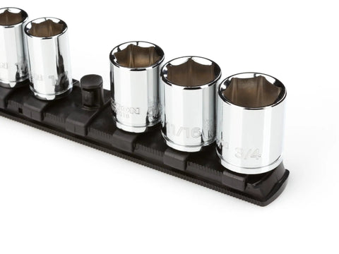 Thirteen Inch Socket Rail For Three Eighths Inch Drive Twist To Lock Sockets Lock Into Tray With Keyhole Slot And Release Button Heavy Duty Clip Organizer Grab And Go Ready For Loose Or Secured Sockets In The Workshop Or Garage, black ABS rail with chrome sockets