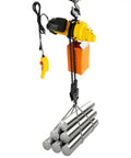Heavy Duty Electric Chain Hoist 1 Ton Load Capacity 2200 Lbs With 1300W Copper Motor lifting steel rods with double lift chains.