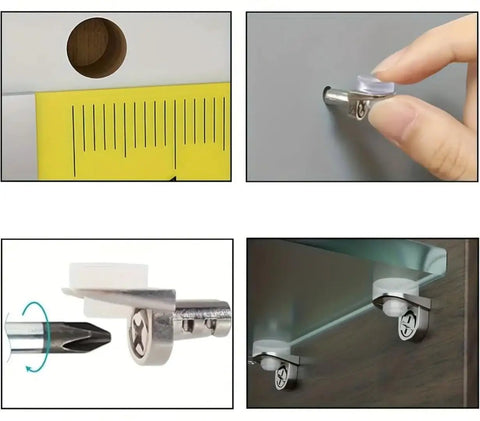 Heavy Duty Shelf Brackets With Glass Cabinet Shelf Pins installed and illustrated with a measuring tape and screwdriver