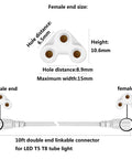 Diagram of 10ft Female to Female Extension Cords for LED Tubes T5 T8, showing dimensions and double end connectors.