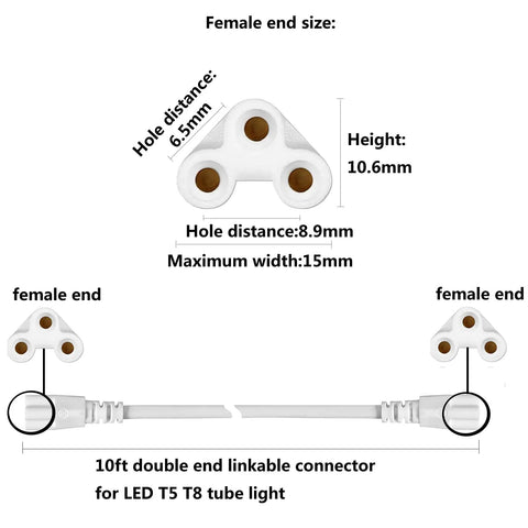 Diagram of 10ft Female to Female Extension Cords for LED Tubes T5 T8, showing dimensions and double end connectors.