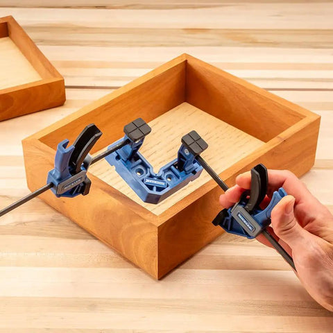 Clamp It Mini Assembly Squares 4 Pack For 90 Degree Corner Clamps In Woodworking shown in use with wooden box assembly