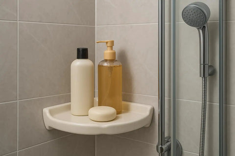 Bone Almond Glazed Ceramic Corner Shower Shelf, Large Size Bathroom Organizer, Glossy Finish, Tile Install Required