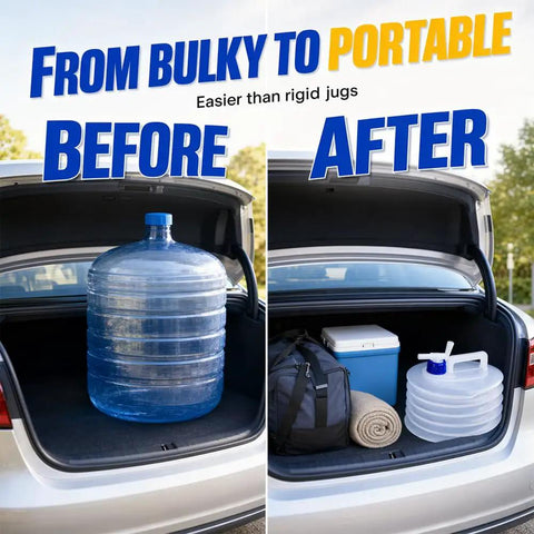Collapsible Water Container With Spigot And Hook For Camping And Hiking BPA Free Foldable Water Storage Jug comparison in car trunk