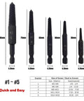 Six Piece Damaged Screw Extractor Set With One Quarter Inch Quick Change Arbors For Stripped Screws Nuts And Bolts with size chart