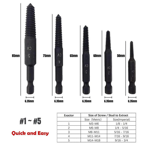 Six Piece Damaged Screw Extractor Set With One Quarter Inch Quick Change Arbors For Stripped Screws Nuts And Bolts with size chart