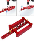 Dead On Precision Complete Self Centering Doweling Jig Kit With Professional Drill Bushes showing adjustable red aluminum jig setup.
