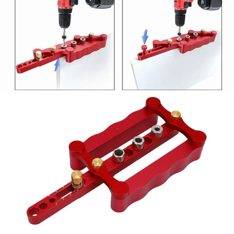 Dead On Precision Complete Self Centering Doweling Jig Kit With Professional Drill Bushes showing adjustable red aluminum jig setup.