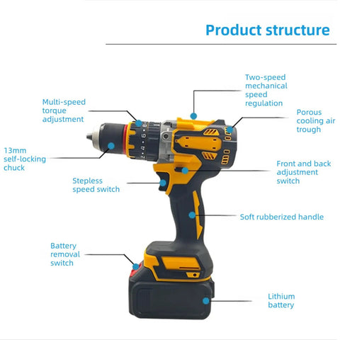 Heavy Duty Brushless Cordless Drill Delivers Knockout 100Nm Torque And Rips Through Tough Surfaces At 2000 RPM with adjustable features.