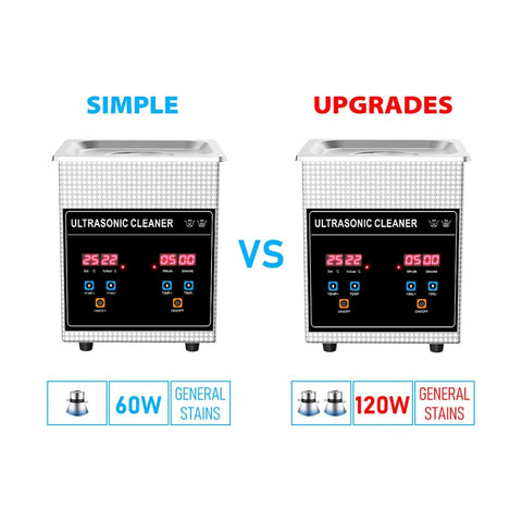 Pro Grade Ultrasonic Cleaner Slaps For Mopping Up Caked On Grime Across Coins Jewelry And Beauty Gear While A Warmed Two Liter Tank Joined By Smart Timer Tech Clears Nooks Like A Boss Every Run - comparison of simple 60W and upgraded 120W models