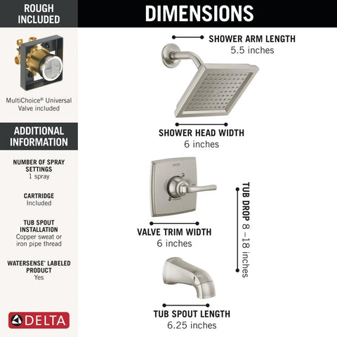 Geist 14 Series Square Bathtub And Shower Faucet Set In Brushed Nickel dimensions and components overview