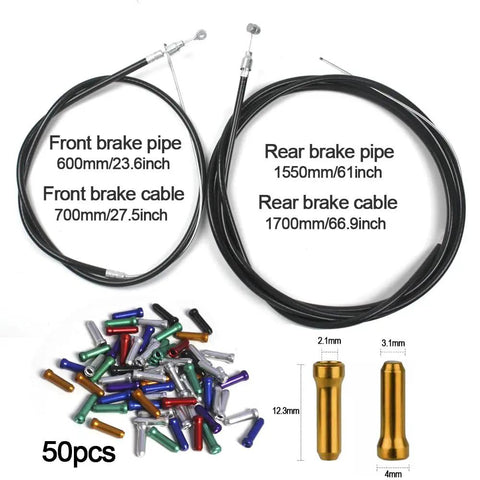 All In One Universal Bicycle Brake Cables And Housing Kit with dimensions, colorful end caps, and zinc coated inner cables.