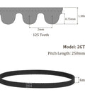 2GT Timing Belt 6mm Wide 250mm Pitch Closed Loop For 3D Printers 125 Teeth reinforced rubber belt shown with 6mm width
