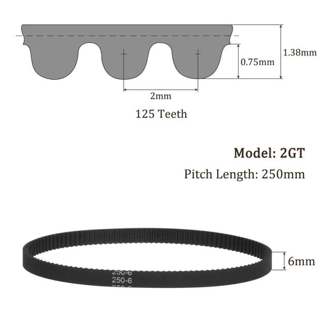 2GT Timing Belt 6mm Wide 250mm Pitch Closed Loop For 3D Printers 125 Teeth reinforced rubber belt shown with 6mm width