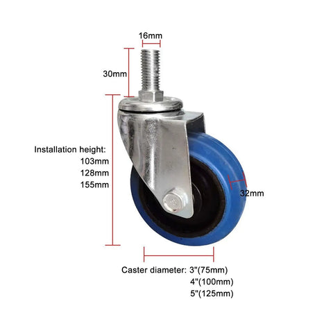 Heavy Duty Caster Wheels With Top Plate Swivel And Brakes, non-marking rubber casters, dimensions labeled for furniture use