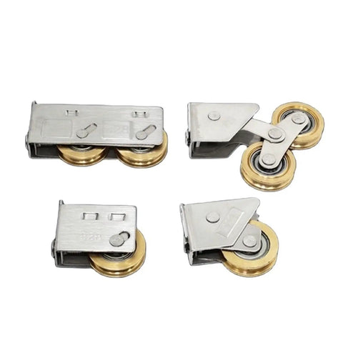 Adjustable Heavy Duty Double Wheel Roller Bearings Made From Stainless Steel With Copper Wheels Perfect For Sliding Doors Windows And Shower Tracks Providing Slick Glide Durable Construction 4 Pack displayed in various angles