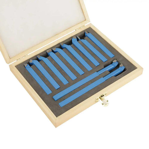 11 Piece 8X8Mm Carbide Tipped Lathe Tool Set Featuring Rock Solid Welding Milling Cutting Turning Bits Knockout Heavy Duty Kit For Real Shops And Weekend Warriors in a wooden box.