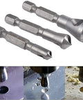 3-Piece Countersink And Deburring Tool Set With 90 Degree Center Punch showing drill bits on metal and wood surfaces