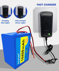 Beefed Up 24V 10.4Ah Lithium Ion Battery Pack with 25.2V 1A charger showing charging and fully charged indicators.