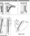 Diagram showing installation and dimensions of Two Pack Folding Sofa Bed Spring Hinges 80 Degree Lift Support for Cabinet Doors.