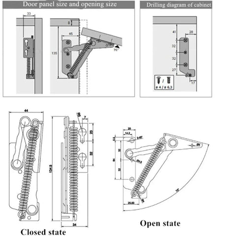 Diagram showing installation and dimensions of Two Pack Folding Sofa Bed Spring Hinges 80 Degree Lift Support for Cabinet Doors.