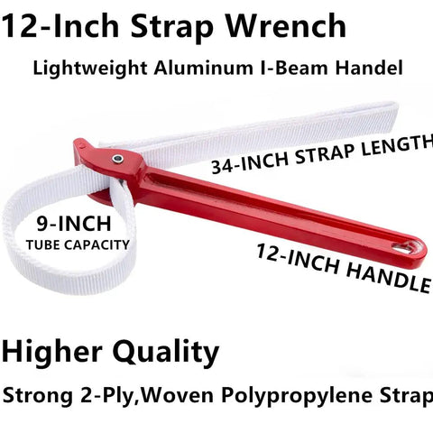 12 Inch Handle Strap Wrench With No Slip Adjustable Nylon Strap for Tight Spaces Oil Filter and Pipe Wrench, red handle