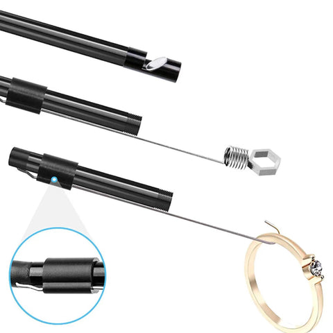 Waterproof Endoscope Camera With 11.4 Ft Cable showing accessory attachments and close-up of USB port detail