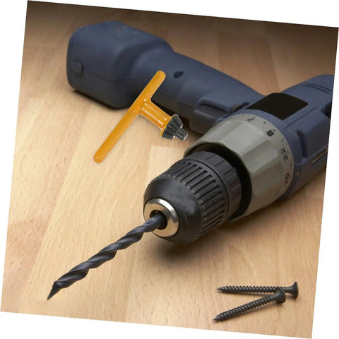 Heavy Duty 4 Piece Drill Press Chuck Key Replacement Set With Ergonomic Non Slip Rubber Handles For 10mm 13mm 16mm 20mm Electric Drill No Sweat Grip Setup next to electric drill on wooden surface.