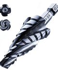 Four Spiral Flute Cobalt Step Drill Bit Pro 1/4 To 3/4 Inch with hex shank and TiAlN coating, close-up of flutes and tip.