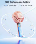 Mini Portable USB Rechargeable Handheld Fan, 3 Speeds, Cute Pink Travel Companion with 2000mAh battery and USB type-C port.