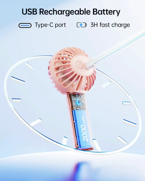 Mini Portable USB Rechargeable Handheld Fan, 3 Speeds, Cute Pink Travel Companion with 2000mAh battery and USB type-C port.