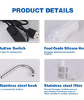 Components of USB Electric Auto Siphon Self Priming Pump For Bottling Your Home Brew Beer Wine Beverages And Kombucha Food Grade Water Transfer Pump With 6.5 Feet Hose Flow Rate 2 Liters Per Minute Low Noise No Cap including button switch, food-grade silicone hose, stainless steel hook, and filter.
