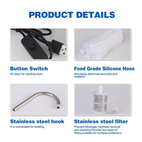 Components of USB Electric Auto Siphon Self Priming Pump For Bottling Your Home Brew Beer Wine Beverages And Kombucha Food Grade Water Transfer Pump With 6.5 Feet Hose Flow Rate 2 Liters Per Minute Low Noise No Cap including button switch, food-grade silicone hose, stainless steel hook, and filter.