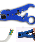 Universal Coax And Cat5 Cat6 Stripping Tool For RG59 RG6 RG7 RG11 Reversible Cassette with Blue Adjustable Blade in Hand